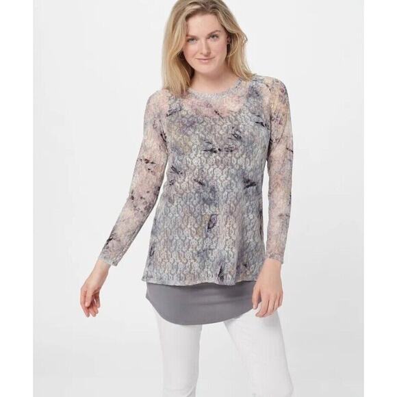 LOGO by Lori Goldstein Tops - LOGO Layers by Lori Goldstein Printed Tie-Dye Sheer Lace Top Grey Fairy Large